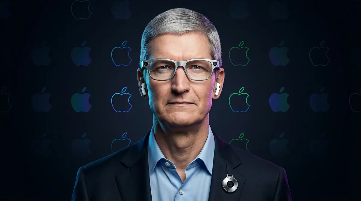 A man wearing glasses and wireless earbuds. He has gray hair and is dressed in a dark suit with a glowing round device. Apple logo silhouettes repeat in the background.