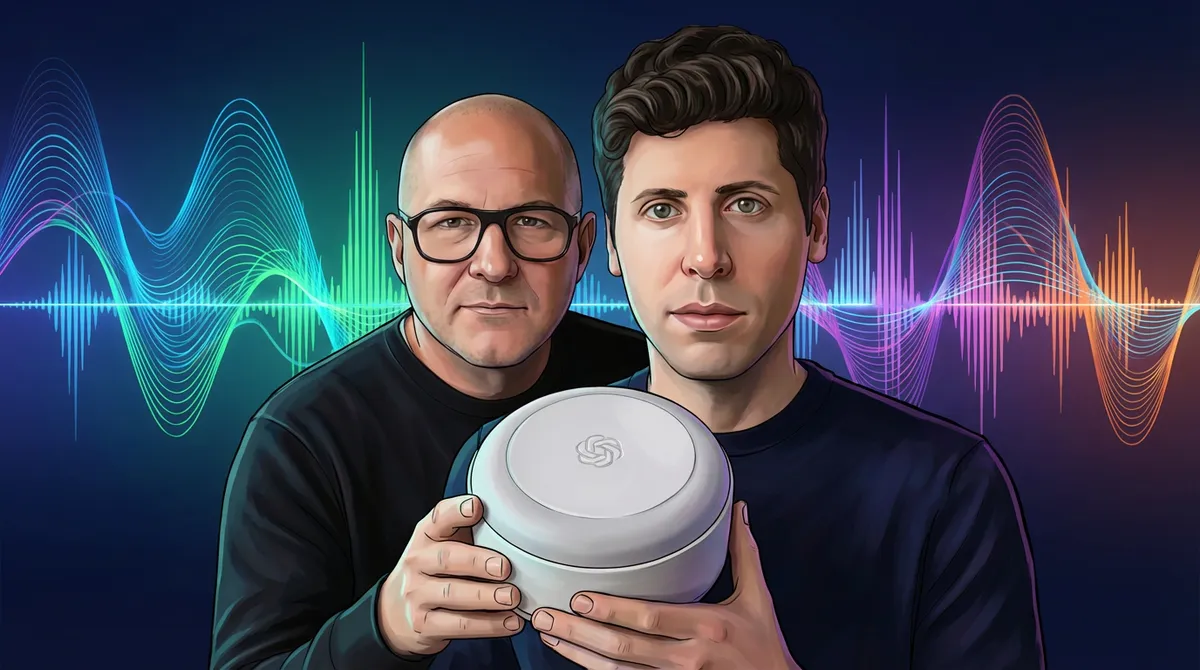 Two men holding a white device. Colorful sound waves in the background.