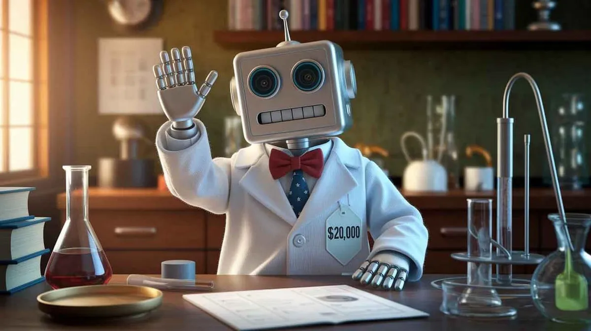 Robot valges laborikitlis, punase lipsuga, istub laboris laua taga. Tal on küljes hinnasilt, millel on kirjas '$20,000'. Laual on laborinõud ja avatud raamatud. Robot lehvitab.