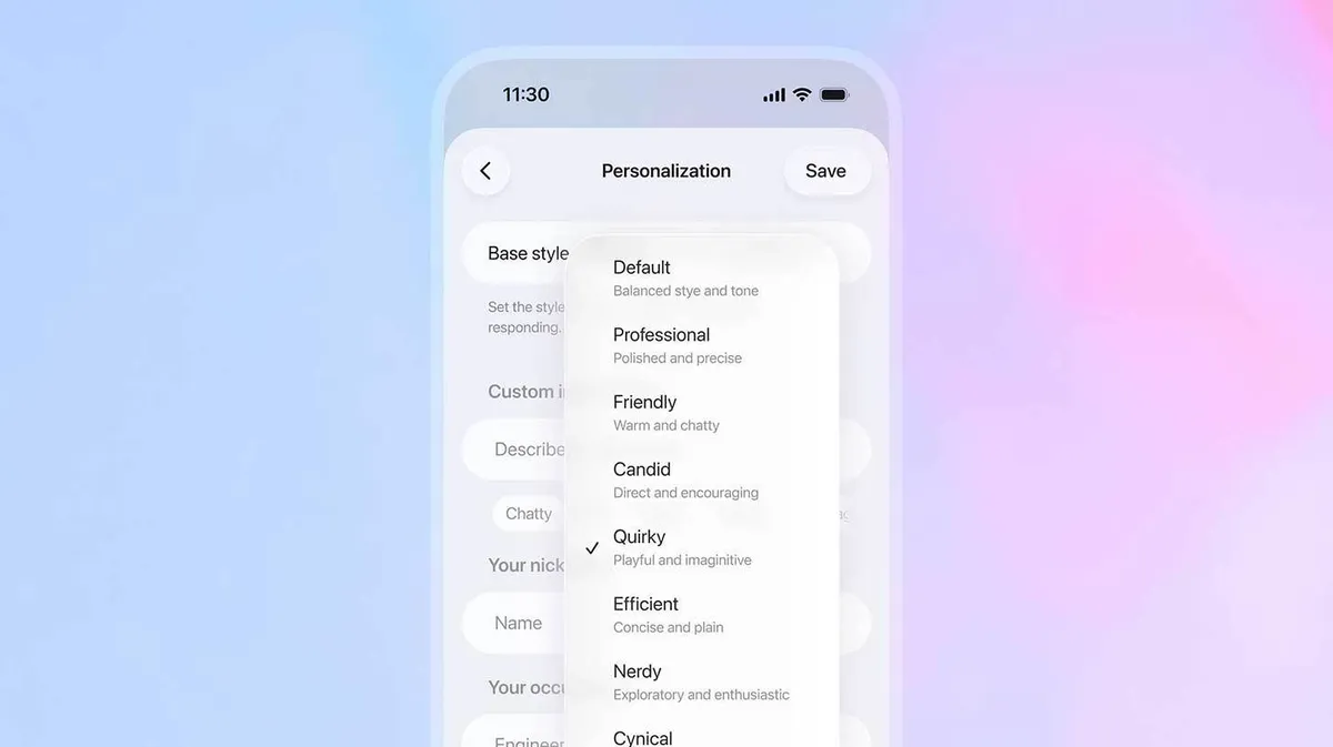 Nutitelefoni ekraanil on personaliseerimise seadete menüü, kus saab valida erinevaid stiile. Näidatud stiilide hulka kuuluvad 'Default', 'Professional', 'Friendly', 'Candid', 'Quirky', 'Efficient', 'Nerdy' ja 'Cynical'. Praegu on valitud stiil 'Quirky'. Ekraani ülaosas on kellaaja näit. Taust on sinise ja roosa varjundiga.