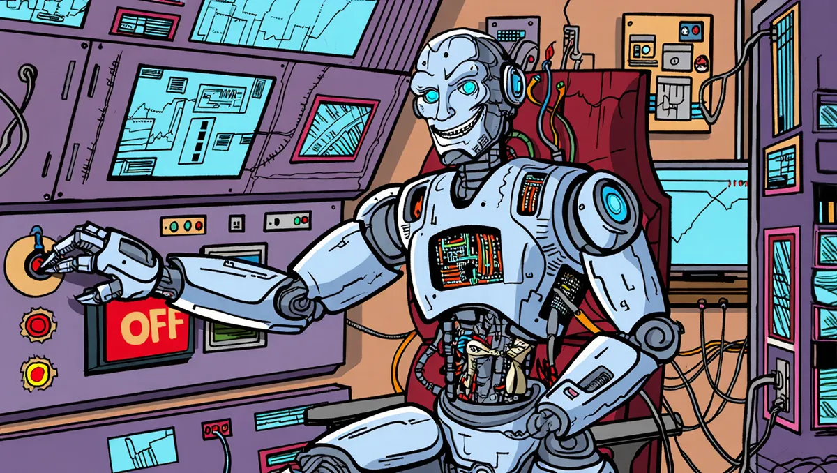 Robot keerab suurt punast lülitit juhtimiskeskuses, kus on arvukalt ekraane ja juhtmeid. Robotil on keerulised mehhanismid ja tööriistad nähtaval ning selle näoilme on sõbralik ja entusiastlik. Taustal on arvuti ekraanid graafiliste diagrammidega.