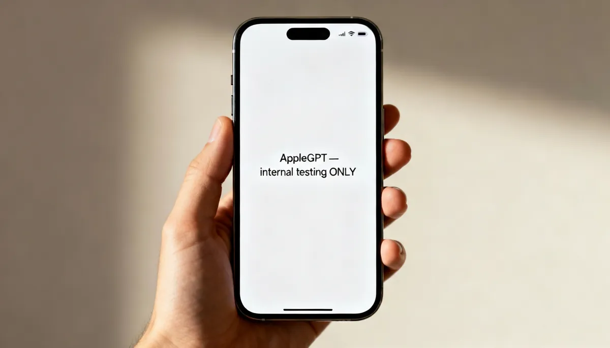 Käsi hoiab mobiiltelefoni, mille ekraanil on kiri: 'AppleGPT — internal testing ONLY'. Taust on hele ning neutraalne.
