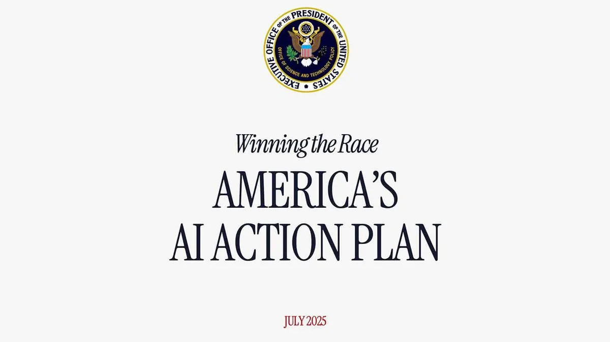 Pilt näitab dokumenti pealkirjaga 'Winning the Race: America's AI Action Plan'. Üleval on Ameerika Ühendriikide presidendi teadus- ja tehnoloogiapoliitika ametkonna embleem. Alumises osas on kuupäev 'July 2025'.
