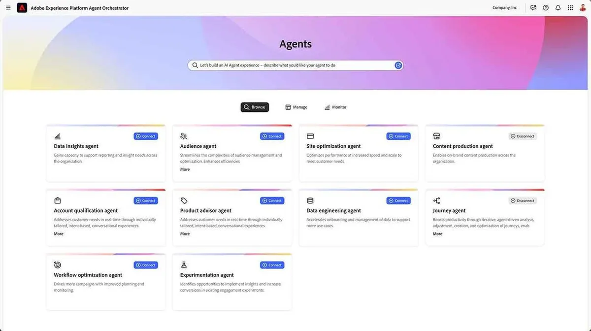 Kuvand Adobe Experience Platform Agent Orchestrator'st, kus kuvatakse erinevate agentide kaardid. Igale kaardile on lisatud agenti kirjeldav tekst. Üleval on otsinguriba ja kolm navigeerimisvalikut: 'Browse', 'Manage' ja 'Monitor'. Vasakul on mitme agendi kaartide seas 'Data insights agent' ja 'Account qualification agent', paremal 'Content production agent' ja 'Journey agent'.
