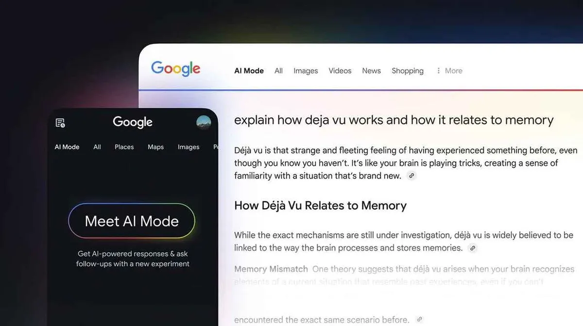 Kujutis näitab Google'i otsingulehte, kus on kirjas teema déjà vu tööst ja selle seosest mäluga. Paremal pool on tekst, mis selgitab déjà vu olemust ja selle seost mäluga. Vasakul on telefoniekraan, kus on esile tõstetud 'AI Mode' koos kutsega seda katsetada.