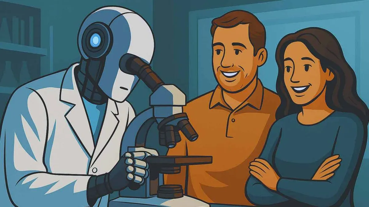 Robot teadlane valges kitlis uurib mikroskoopi, samal ajal kui kaks inimest, mees ja naine, naeratavad ja vaatavad tema tööd huviga pealt.