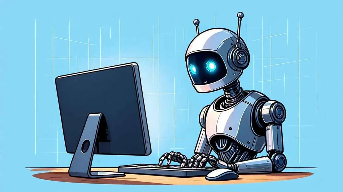 Robot istub ja töötab arvuti taga, helesinine taust.