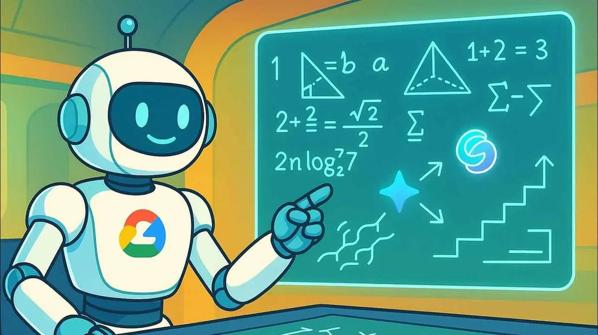 Robot, millel on ekraanil matemaatilised valemid ja geomeetrilised kujundid. Robot osutab ekraanile, millel on erinevaid matemaatilisi sümboleid ja diagramme.