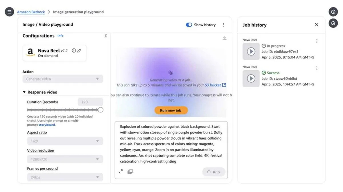 Kuvand näitab kasutajaliidest nimega 'Image / Video Playground' Amazon Bedrockis. Vasakul on seadistuste sektsioon, kus on valitud 'Nova Reel v1.1 On-demand'. Toimingukastis on valik 'Generate video'. Video kestus on määratud 120 sekundit. Paremal on tööajaloo sektsioon, kus on kuvatud tööde olek, viimane töökäik on märgitud kui 'Success'. Keskel on lilla ala, kus kuvatakse video genereerimise teade ja nupp 'Run new job'.