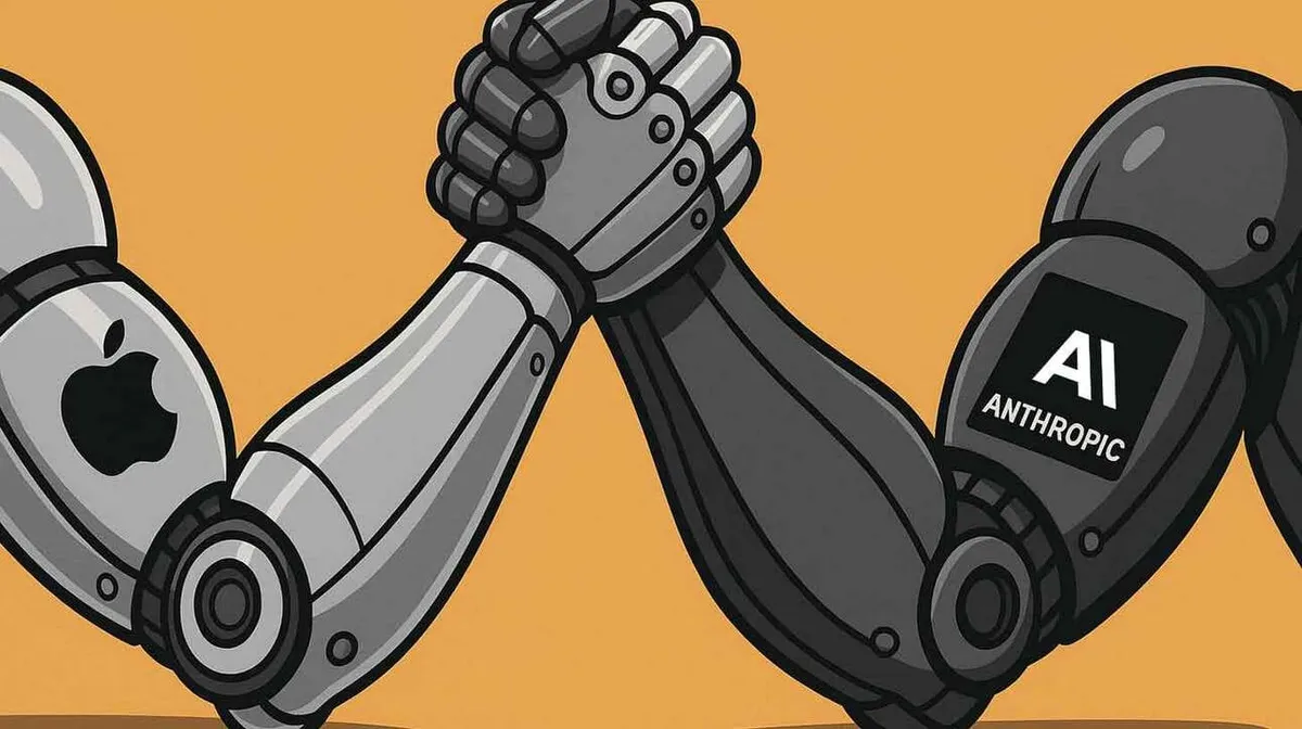 Kaks robotkäe joonistust, mis teevad käesurumist. Vasakul olev käsi on hõbedane Apple'i logoga ja paremal olev käsi on must sildiga 'AI Anthropic'. Taust on oranž.