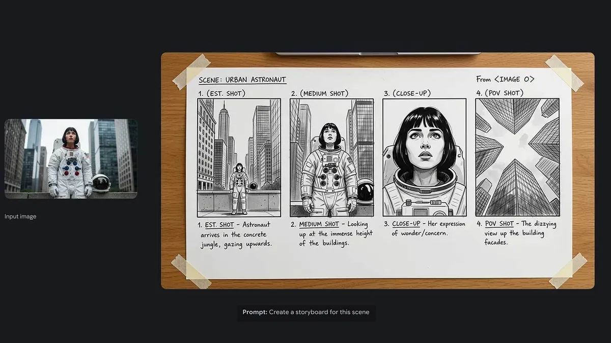 Astronaut seisab linnakeskkonnas kõrgete hoonete vahel, kandes valget kosmoseülikonda. Paremalt on näha joonistatud stseenide storyboard, millel on neli kaadrit: 1. astronaut linna džunglis, 2. astronaut vaatab ülespoole hoonete poole, 3. tema imestav/närviline ilme lähedalt, 4. vaade hoonete fassaadidele ülalt.