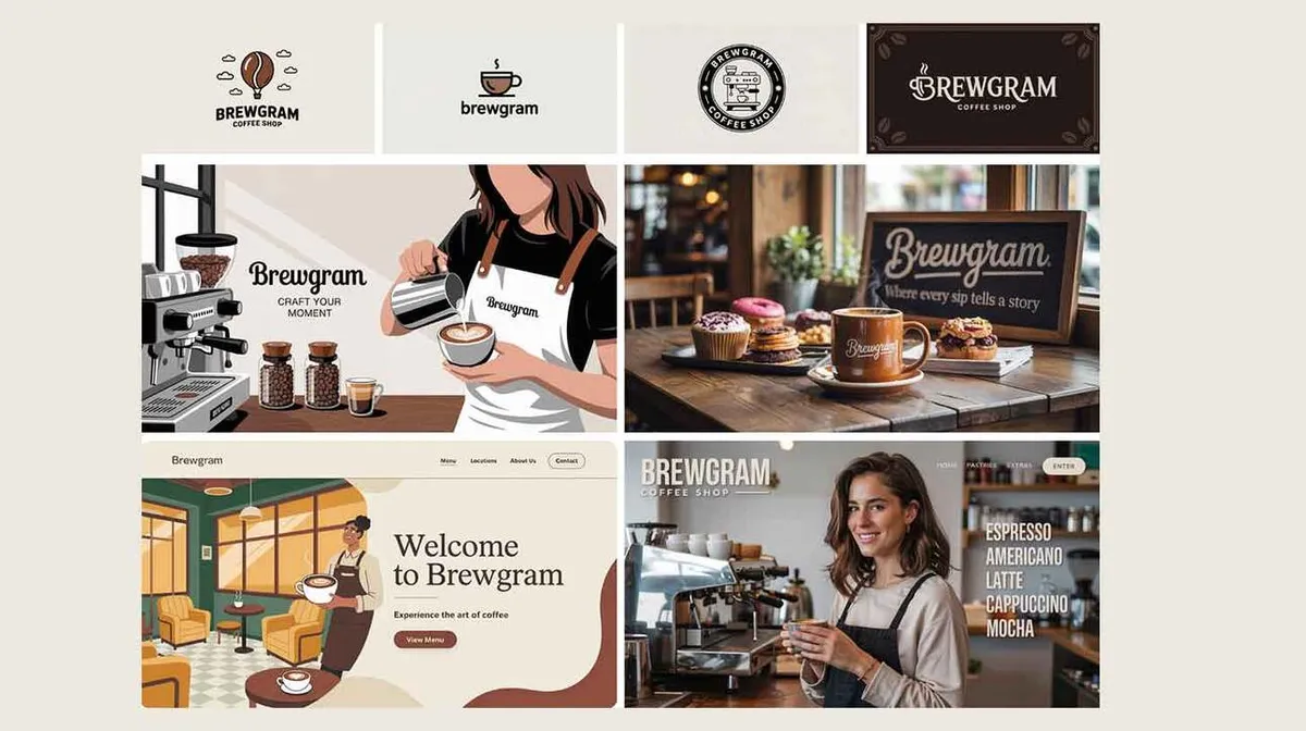 Pilt kujutab erinevaid Brewgrami kohvikuga seotud elemente. Ülal vasakul on kaks Brewgrami logo. Lisaks on pilt kohvimasinast ja inimesest, kes valab piima kohvile. Keskosas on laud kohvitassi ja küpsetistega ning silt tekstiga. All vasakul on illustratsioon kohvikust, kus on mees kohvi valmistamas. Paremalt alt on näha naine kohvikus kohvi valmistamas. Tekstid piltidel sisaldavad kohvijookide nimesid ja viiteid Brewgramile.