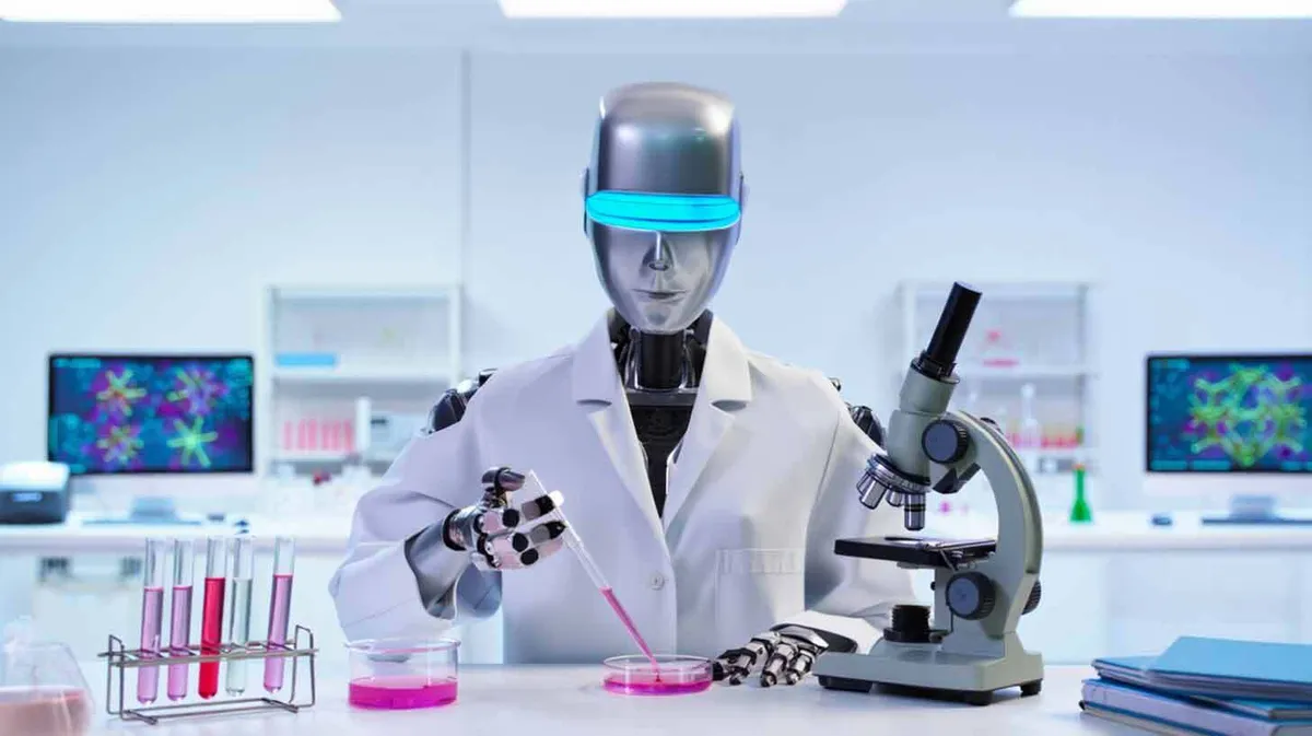 Robot valge laborikitliga töötab laboris. Robot segab pipetiga roosas vedelikus Petri tassil. Paremal on mikroskoop ja vasakul katseklaasid roosa vedelikuga. Taustal on arvutiekraanid, millel on nähtavad molekulid.