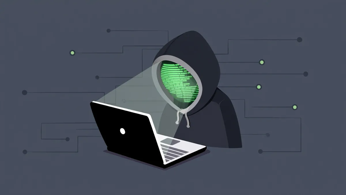 Kapuutst kandva tegelase pea asemel on roheline, digitaalne maatriks, mis vaatab sülearvutit. Taust on tumehall ja kujutab digitaalset ühendust.