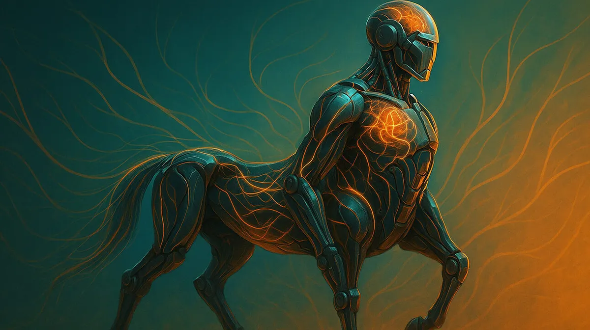 Futuristlik kentaur-kujuline olend, kelle keha on metallist ja kaetud oranži valguse joontega. Olend on seisvas poosis, taust on tumeroheline ja valgus helendab oranžilt tema keha osadel.