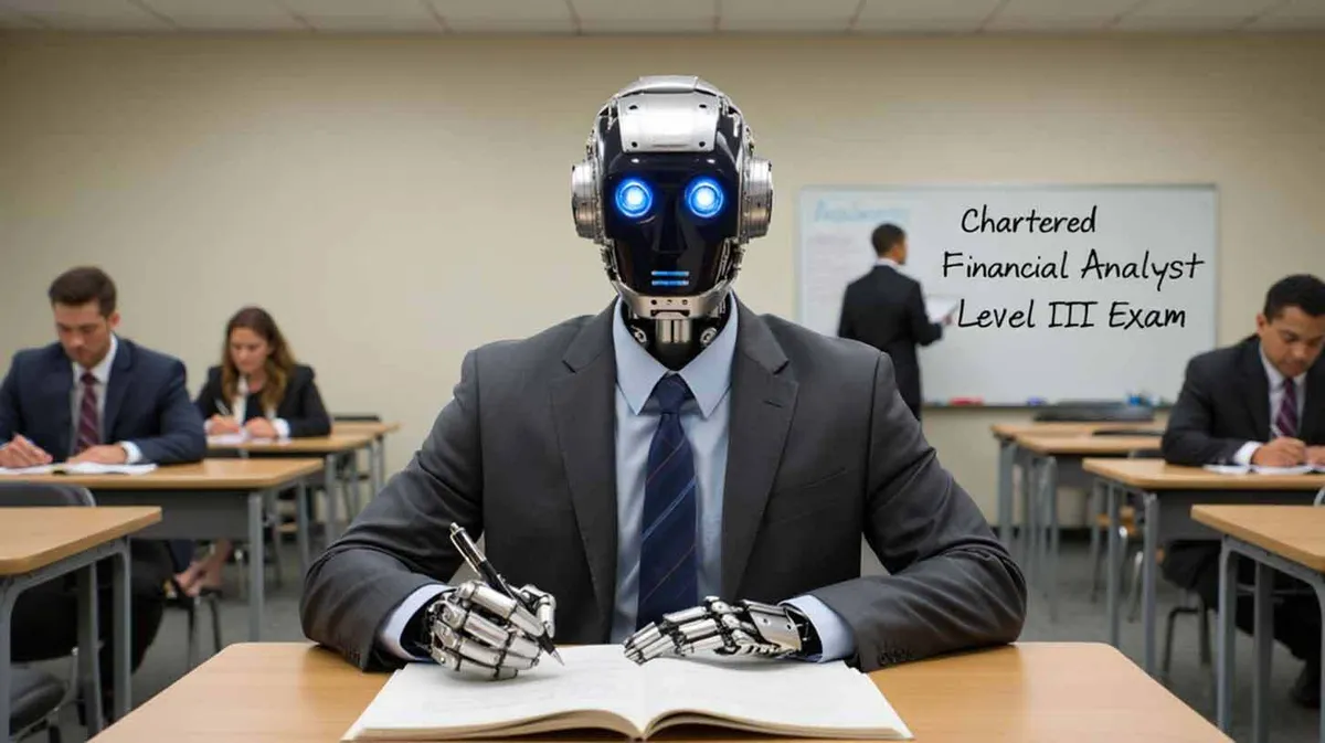 Robot ülikonnaga istub koolipingis ja kirjutab paberi peale. Taustal on teisi inimesi eksamit tegemas. Tahvlil on kiri 'Chartered Financial Analyst Level III Exam'.