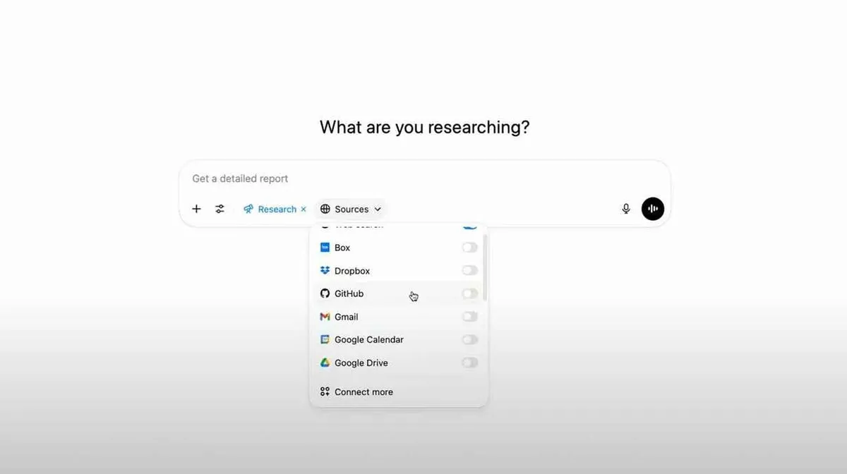 Kuvatõmmis näitab otsinguriba teksti 'What are you researching?' all. Otsinguribal on tekst 'Get a detailed report' ning nupud 'Research' ja 'Sources'. 'Sources' menüü on avatud, kuvades valikuid nagu Notion, Box, Dropbox, GitHub, Gmail, Google Calendar ja Google Drive.