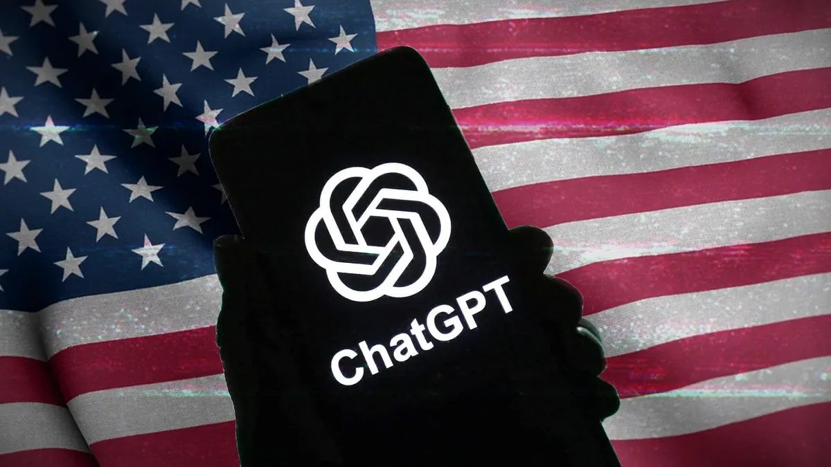 Käsi hoiab nutitelefoni, mille ekraanil on näha ChatGPT logo ja tekst. Taustal on USA lipp.