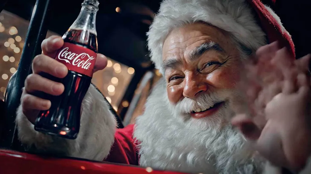 Jõuluvana punases kostüümis ja valge habemega hoiab käes Coca-Cola pudelit ja naeratab kaamerasse, taustal näha jõulutulesid.