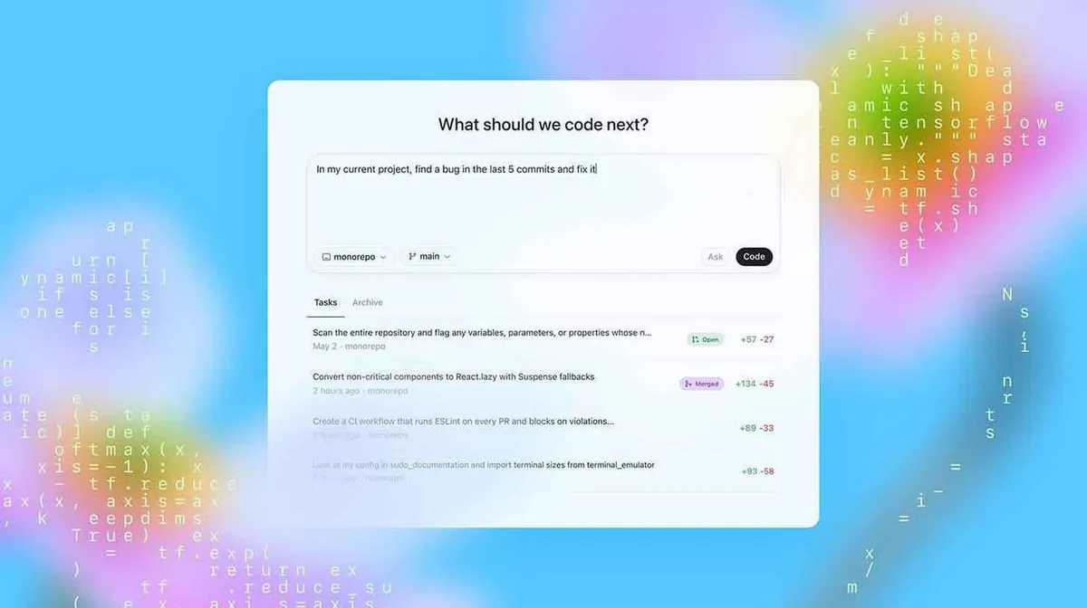 Ekraanipilt, millel on kirjas 'What should we code next?' koos ülesandeloendiga. Esiplaanil on tekstikast, kus on märgitud praeguse projekti ülesanne: leida viga viimase viie commit’i jooksul ja parandada see. Taust on sinine ja roosa, millel on nähtavad koodifragmentide read.