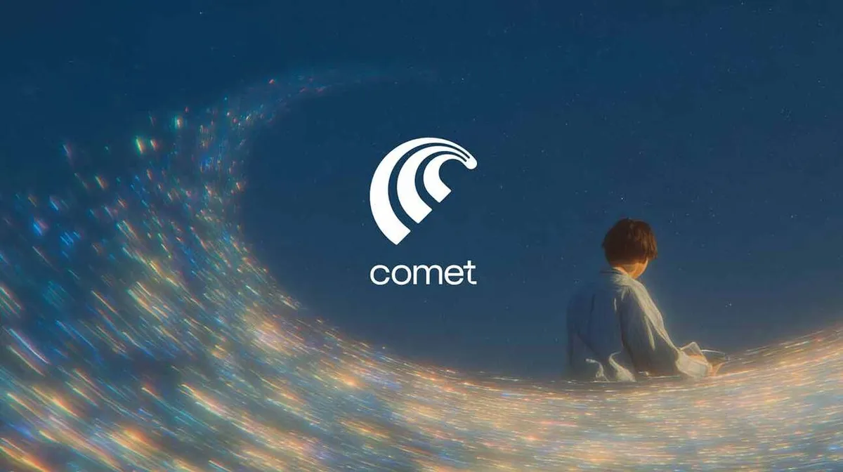 Illustratsioon, kus inimene seisab säravate, lainetena üles kerkivate valgusosakeste keskel tumedas ruumis. Ülal keskel on logo ja sõna 'comet'.