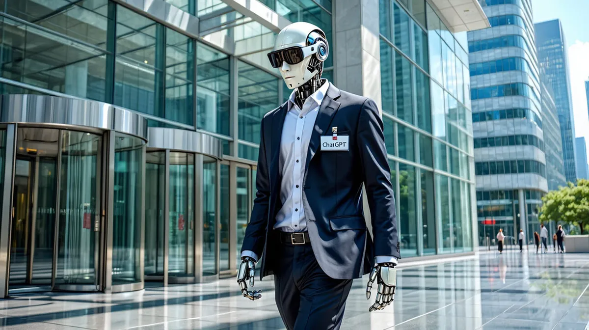 Inimese moodi robot, seljas ülikond ja särk, jalutab moodsa klaashoone taustal linnaruumis. Robot kannab päikeseprille ja rinnas on nimesilt kirjaga 'ChatGPT'.