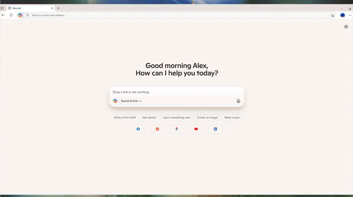 Kuvatõmmisel on brauseri aken, kus on keskel tekst 'Good morning Alex, How can I help you today?' Selle all on otsingu- ja vestlusväli koos mikrofoni ikooniga. All pool on nupud erinevate toimingute jaoks nagu esimese mustandi kirjutamine, nõu saamine, millegi uue õppimine, pildi loomine ja plaani koostamine. Allosas on erinevate rakenduste ikoonid.