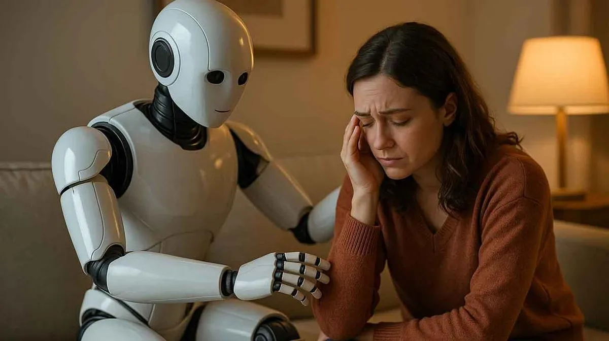 Roboti välimusega humanoid istub diivanil ja puudutab lohutavalt naise kätt. Naine, kes kannab pruuni kampsunit, toetab oma pead käega ja tundub murelik. Taustal on süüdatud lauavalgusti.