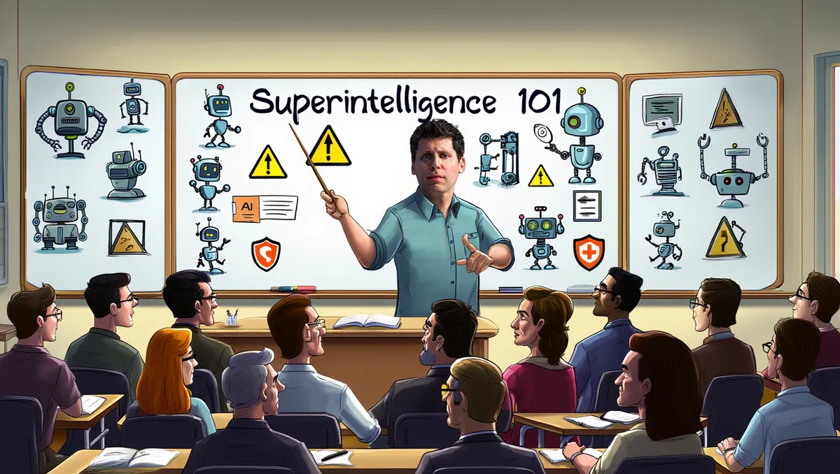 Klassiruum, kus õpetaja seisab tahvli ees pealkirjaga 'Superintelligence 101'. Tahvlil on joonistatud erinevad robotid ja hoiatussümbolid. Õpilased istuvad pingiridades ja kuulavad õpetajat, kes osutab puupulgaga tahvlile. Seinad on kaunistatud tehnoloogiateemaliste õpimaterjalidega.