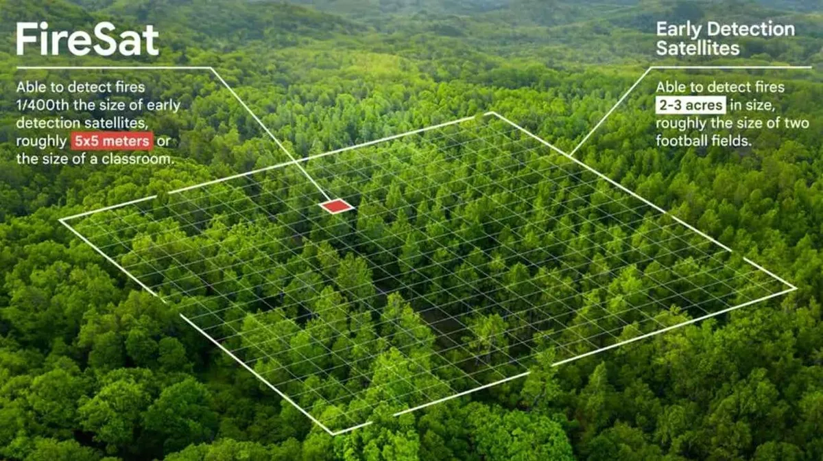 Satelliidipilt metsast ruudustiku ja märgistatud aladega. Vasakul on ala suurusega 5x5 meetrit, mis on tähistatud väikese punase ruuduga, viidates tulekahjude avastamise võimele väikeste alade ulatuses. Paremal on ala 2-3 aakri suurune, illustratsioonina sellest, kui suurt ala varajase avastamise satelliidid hõlmavad. Kogu ala on kaetud rohelise metsaga.