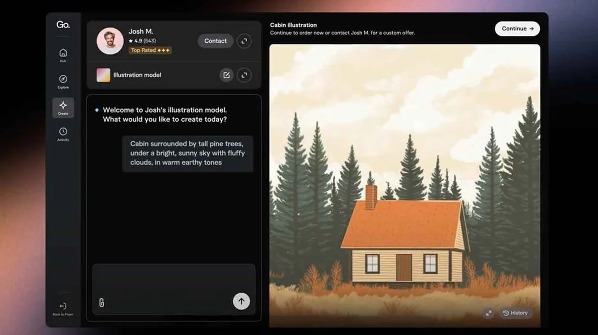 Illustratsiooni programm, kus ekraanil on paremal pilt majakesest männimetsa keskel. Vasakul kuvatakse tervitustekst ja informatsioon kasutaja nimega 'Josh M.' ja tema hinnanguga.