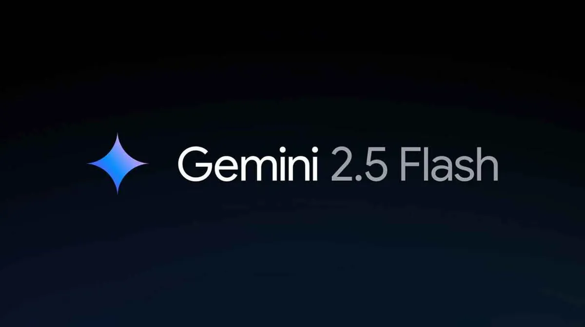 Tumedal taustal on helesinise varjundiga neljaotsaline täht ja tekst 'Gemini 2.5 Flash'.