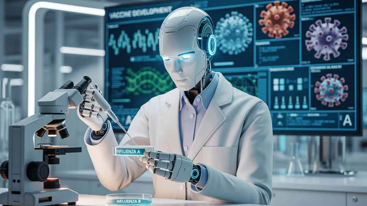 Robot valges kitlis vaatab mikroskoobi kaudu, hoides samal ajal ühes käes katselabidat. Taustal on suur ekraan, millel kuvatakse vaktsiini väljatöötamise info ja viiruste pildid. Ekraanil on näha infot gripi A ja B kohta.
