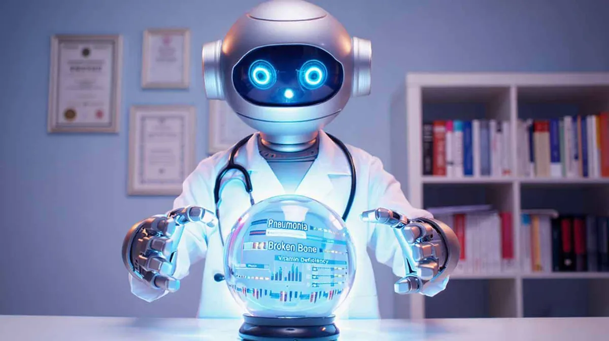 Robot, kes kannab valget kitlit ja stetoskoobiga varustatud, vaatab valgustatud kristallkuuli. Taustal on raamaturiiul ja seinal mitu sertifikaati. Kuulis on näha sõnad 'Pneumonia' ja 'Broken Bone' koos graafikutega.