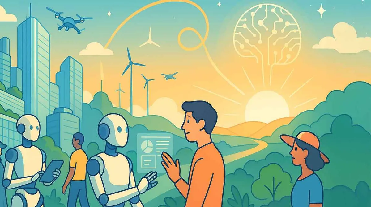 Futuristlik pilt, kus on sinisel ja oranžil taustal kujutatud robootika ja tehnoloogia harmooniat loodusega. Näha on roboteid, mis suhtlevad inimestega, ühe roboti käes on tahvelarvuti. Taustal on tuulegeneraatorid, droonid ja kõrghooned. Päike tõuseb horisondi kohal, moodustades ajusarnase struktuuri.