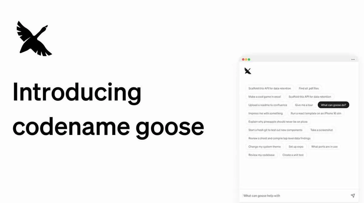 Valgel taustal tekst 'Introducing codename goose' ja vasakul üleval linnu logo. Paremal on kasutajaliideses erinevaid ülesandeid nagu 'Scaffold this API for data retention', 'Make a cool game in excel', 'Explain why pineapple should never be on pizza' ja mustaga esile tõstetud küsimus 'What can goose do?'. Allosas on tekstiväli küsimusega 'What can goose help with'.