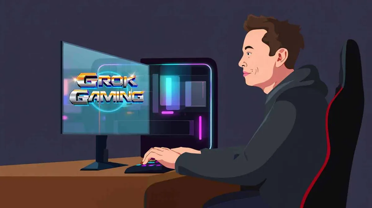 Illustratsioon inimesest kapuutsiga, istumas arvutitooli peal ja mängimas arvutit. Ekraanil on näha sõnad „Grok Gaming“.