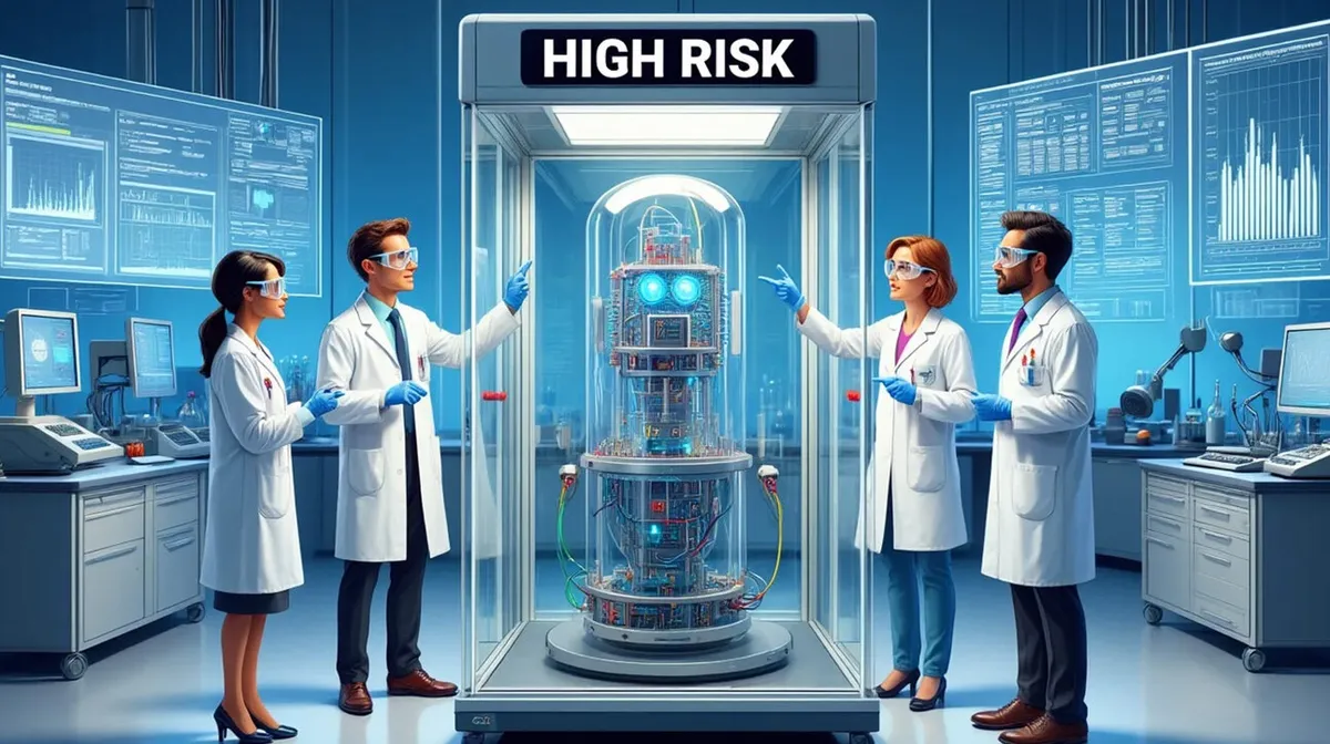 Neli teadlast valgetes kitlites seisavad laboratooriumis suure, klaaskapis oleva keeruka seadme ümber. Kapil on kiri 'HIGH RISK'. Labori taustal on arvutiekraanid ja teaduslikud seadmed. Kõik teadlased kannavad kaitseprille ja kindaid.