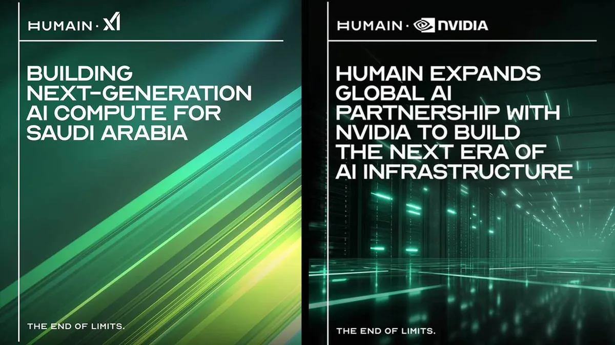 Kaheosaline pilt, vasakul on rohelistel toonidel tekst: "Building next-generation AI compute for Saudi Arabia." Paremal mustal taustal valgusjoontega tekst: "Humain expands global AI partnership with NVIDIA to build the next era of AI infrastructure." Mõlemas alumises servas kiri: "The end of limits."