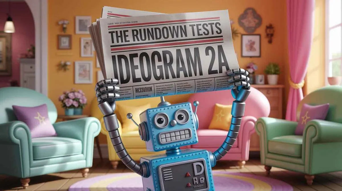 Robot hoiab ajalehte, millel on suur kiri 'THE RUNDOWN TESTS IDEOGRAM 2A'. Taustal on mugavalt sisustatud elutuba, kus on värvilised diivanid, padjad, lillevaas ja seintel raamitud pildid.