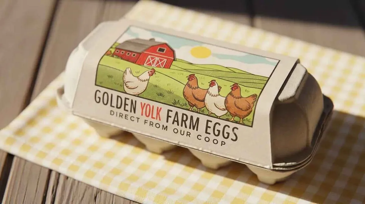 Munakarp, mille peale on kleebitud silt. Sildil on joonistus kanadest, punasest laudast ja maastikust päikese all. Tekst sildil: 'Golden Yolk Farm Eggs, Direct from our Coop'. Munakarp asub ruudulisel laualiniku peal.
