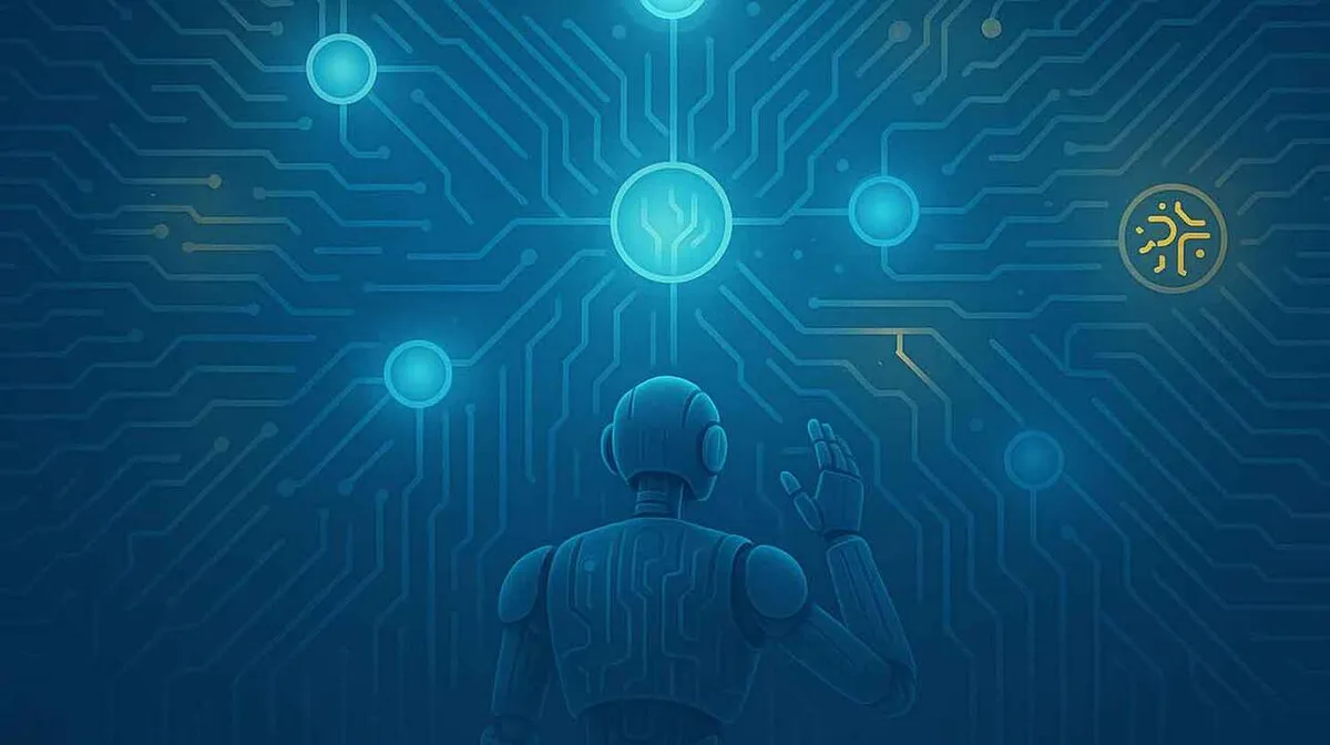 Robot vaatab digitaalset võrku, millel on heledad sinised ja kollakad sõlmed ning juhtmed.