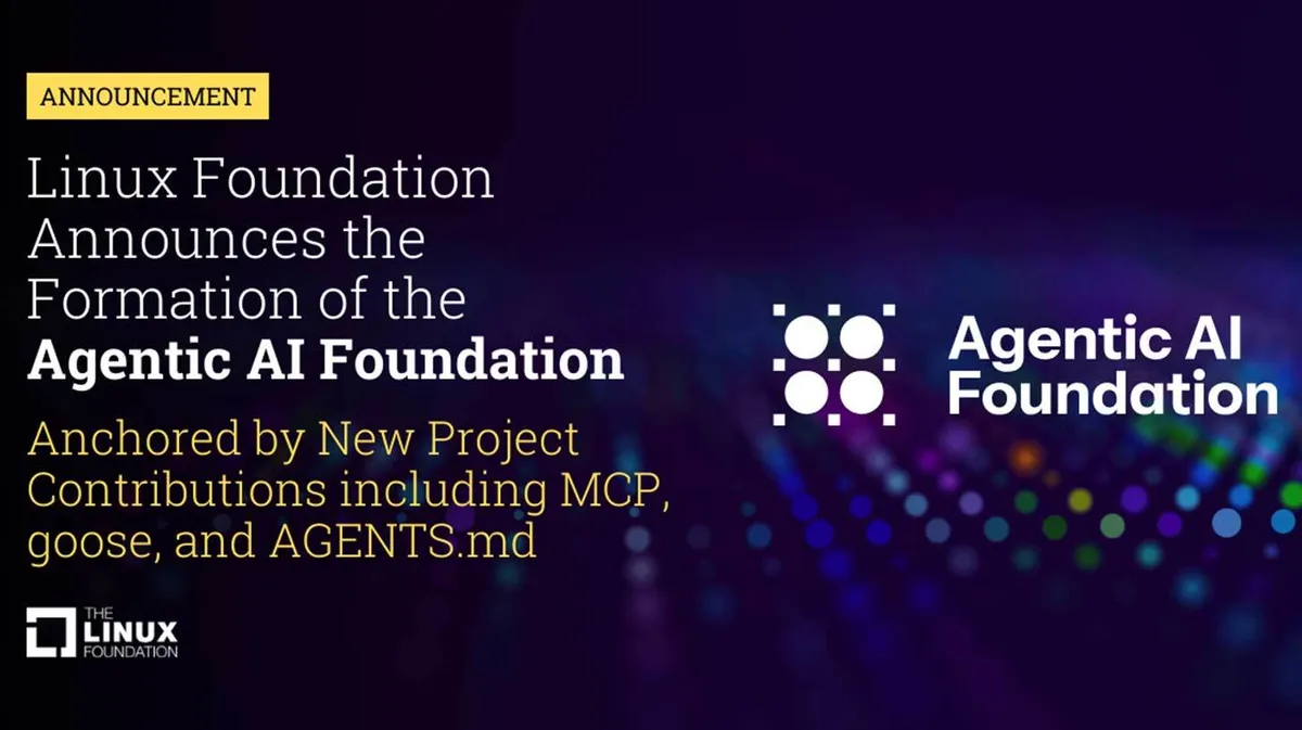 Teade lillal taustal. Vasakul on tekst, mis teatab Agentic AI Foundationi asutamisest Linux Foundationi poolt, rõhuasetusega projektidele nagu MCP, goose ja AGENTS.md. Paremal pool on Agentic AI Foundationi logo ja nimi. Vasakul all on Linux Foundationi logo. Taustal on värvilised, hägusad valgusefektid.
