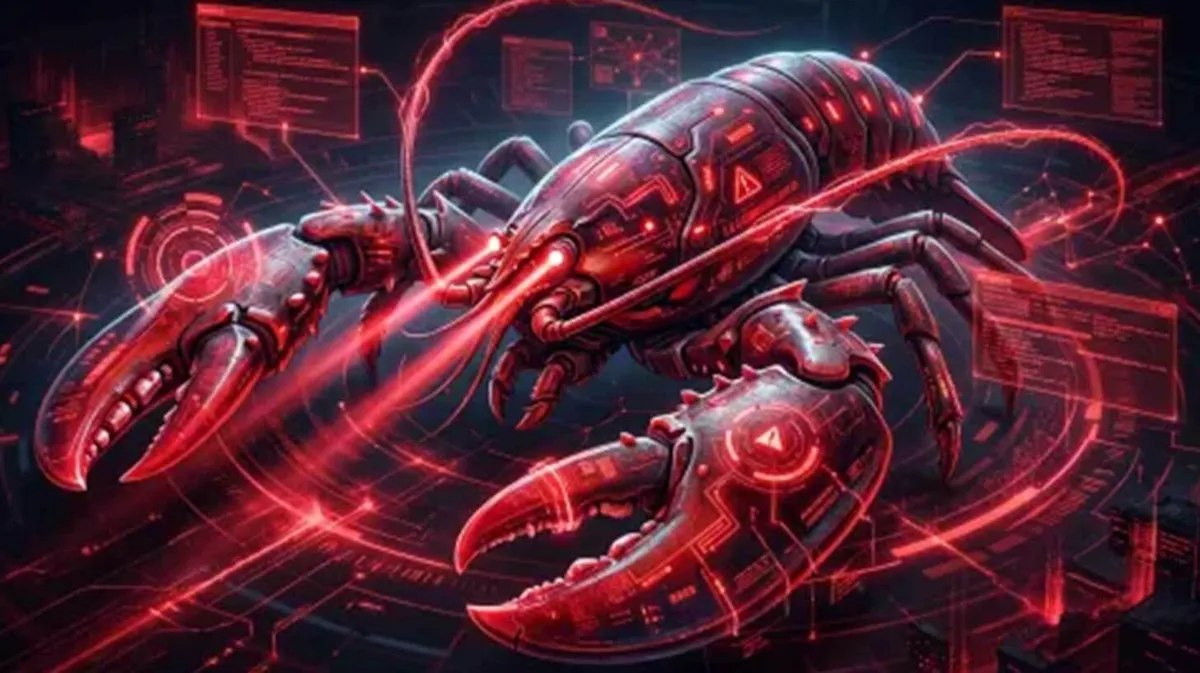 A digital futuristic lobster in red and black tones with a metallic appearance and electronic patterns on its body. Technological graphics and intricate graphical elements in the background convey a sci-fi atmosphere.