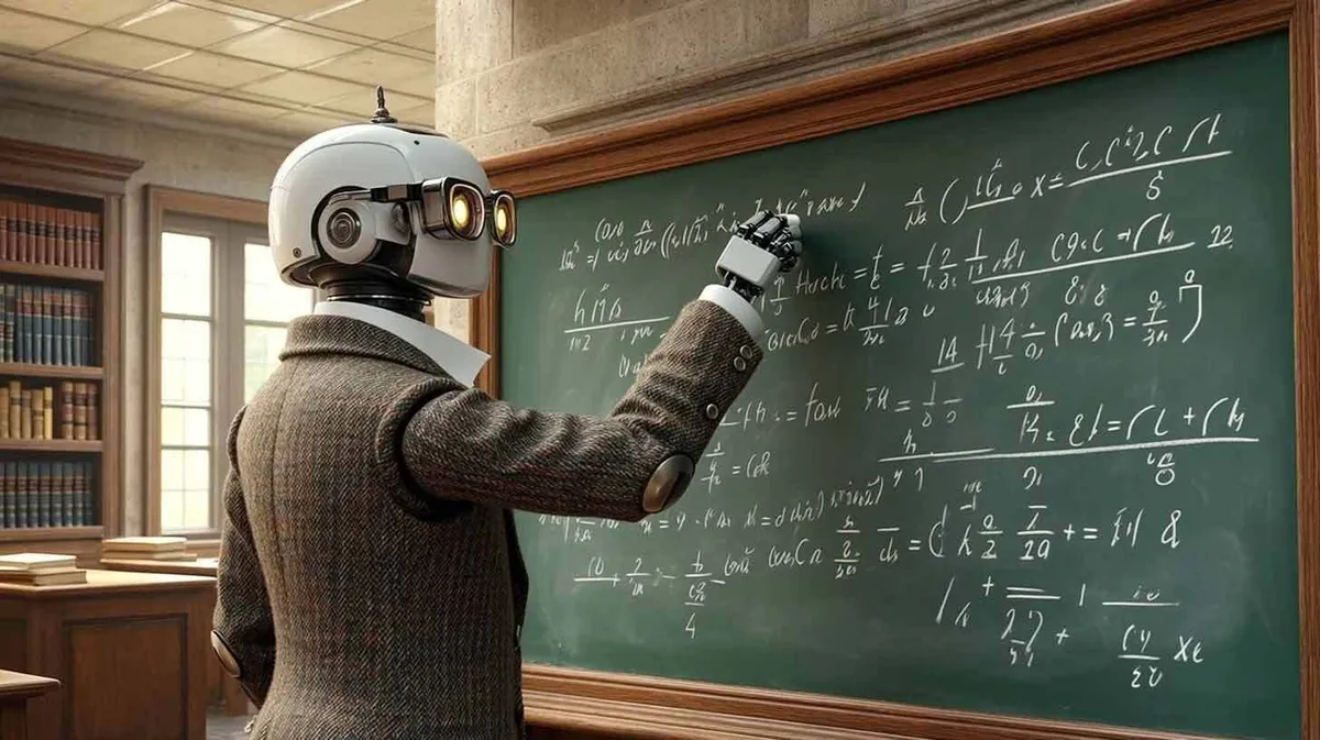 Robot kannab pruunikirjut ülikonda ja kirjutab tahvlile keerukaid matemaatilisi valemeid. Taustal on raamatukogu raamaturiiulitega.