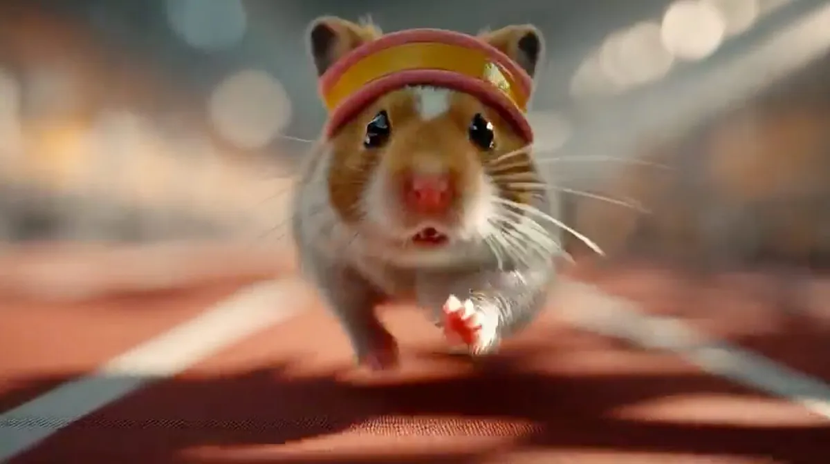 Hamster jookseb sportlikul rajal, kandes värvilist peapaela. Taust on hägune, rõhutades liikumist.