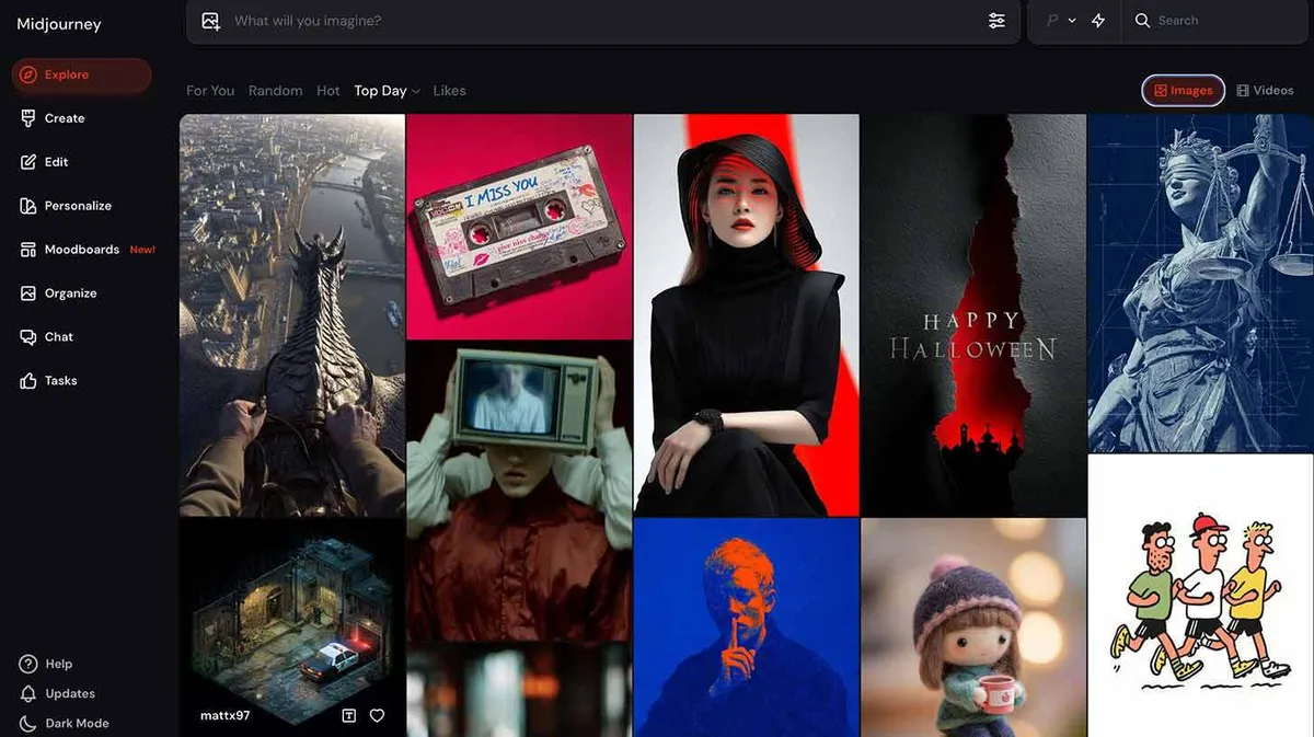 Veebilehe kujundus, kus vasakul asuvad menüüvalikud nagu 'Explore', 'Create', 'Edit' jne. Paremal pool on mitu pilti: lohe seljas sõitja, kassetiga sõnum 'I Miss You', naine mustas kleidis ja kübaraga, Halloween'i teema, skulptuur õigusemõistmisest, politsei auto öösel vaatega siseõuel, inimene teleri ekraaniga pea kohale asetatud, heledates toonides mees sõrmega suul, tüdruk nuku kujulises mütsis, hoidmas kruusi, ja kolm jooksvat meest koomiksistiilis.