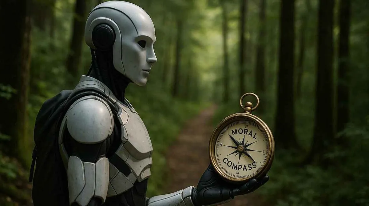 Robot seisab metsarajal ja hoiab käes kompassi, millel on kiri 'Moral Compass'. Taustal on roheline mets.