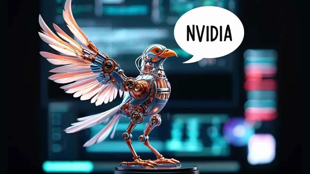 Robootiline lind, millel on mehaaniline keha ja tiivad, seisab mustal alusel. Lind hoiab üht tiiba üles tõstetud ja kõne mullis on kirjas 'NVIDIA'. Taustal on hägusad elektroonilised seadmed või ekraanid sinistes ja punastes toonides.