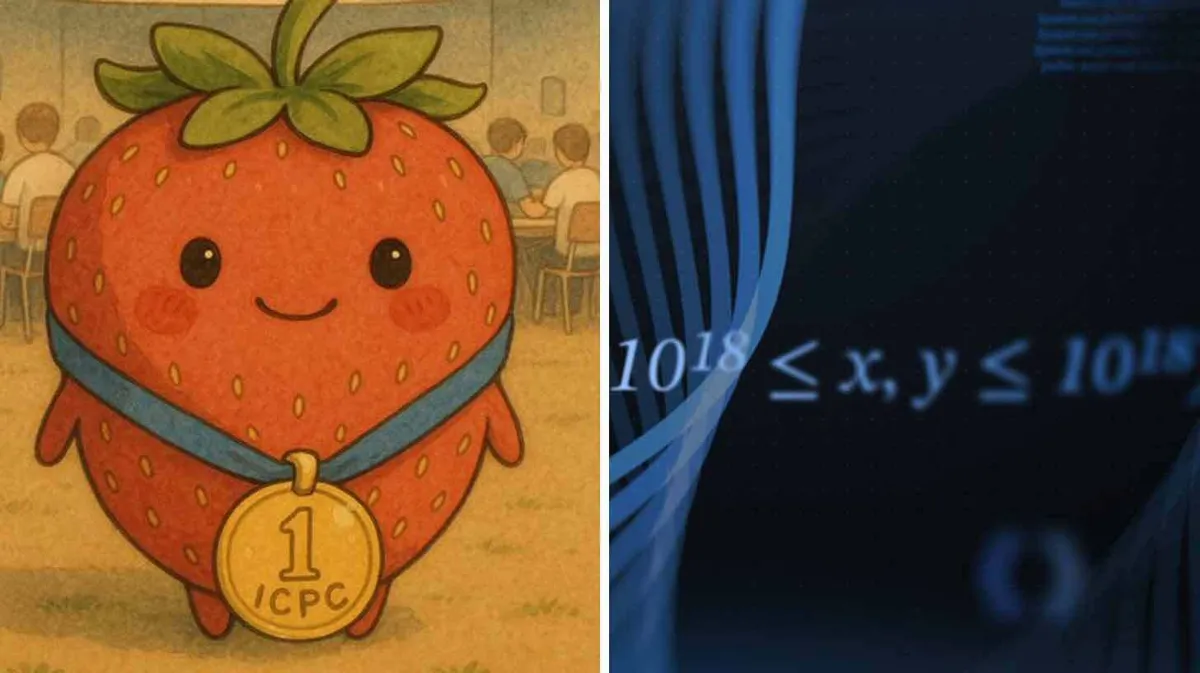 Vasakul on animeeritud maasikas, kellel on kaelas kuldmedal kirjaga "1 ICPC", taustal on inimesed klassiruumis. Paremal on tumedal taustal matemaatiline valem, mille osadeks on "10¹⁸ ≤ x, y ≤ 10¹⁸".